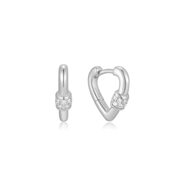 Closeup photo of Silver Mini Heart Clasp Huggie Hoop Earrings