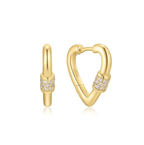 Closeup photo of Gold Heart Clasp Huggie Hoop Earrings