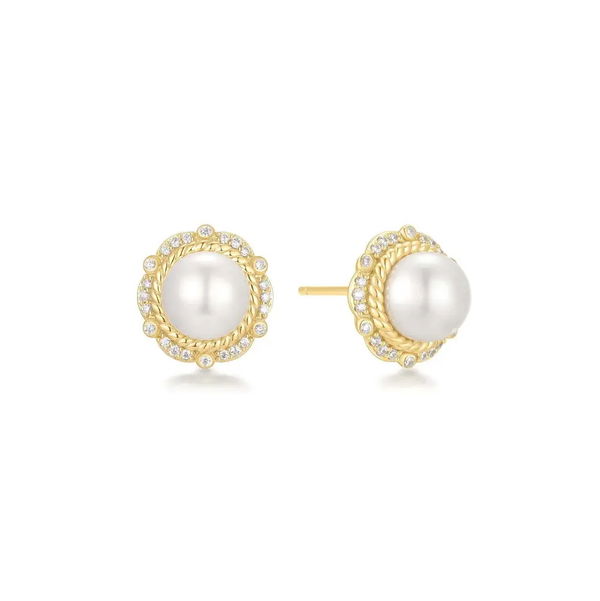 Closeup photo of Gold Shell Pearl Bloom Stud Earrings