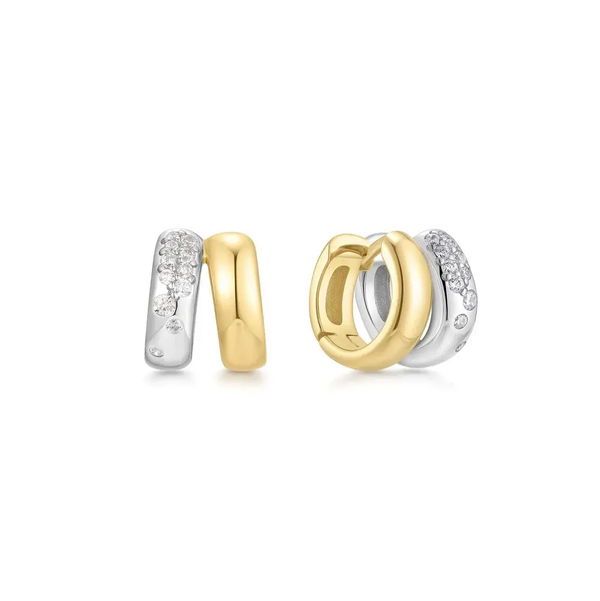 Closeup photo of Two-Tone Sparkling Duet Mixed Huggie Hoop Earrings