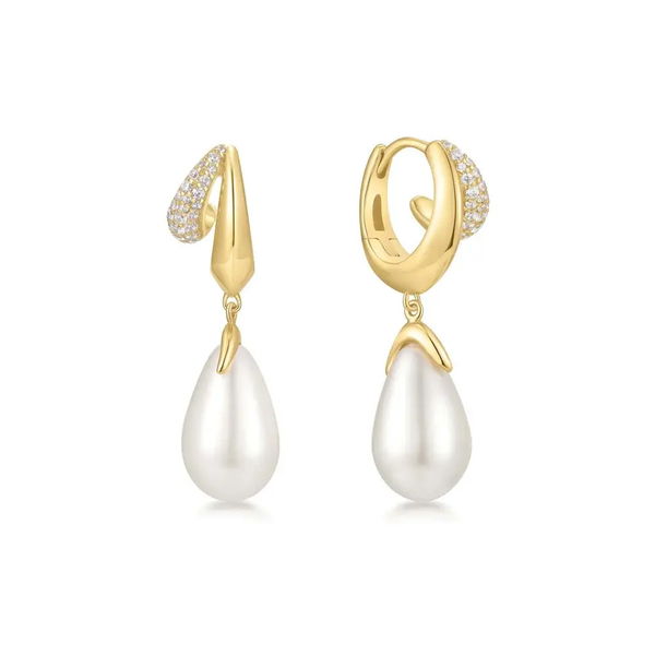 Closeup photo of Gold Sparkling Duet Mixed Shell Pearl Drop Huggie Hoop Earrings