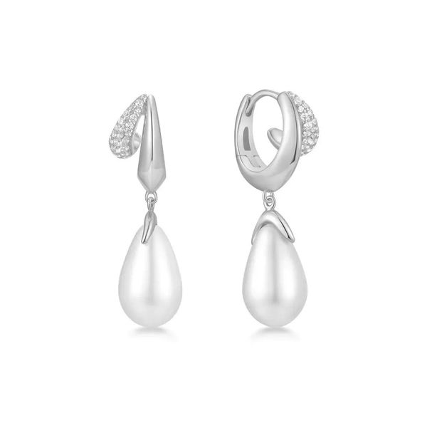 Closeup photo of Silver Sparkling Duet Mixed Shell Pearl Drop Huggie Hoop Earrings