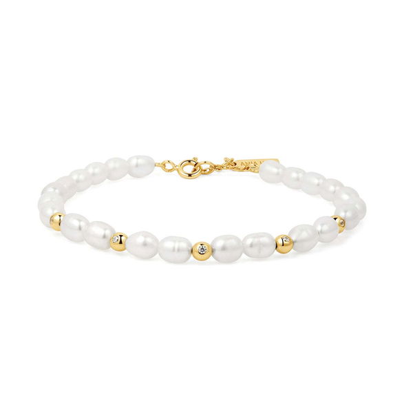 Closeup photo of Gold Freshwater Pearl and White Cubic Zirconia Bezel Set Bracelet– Ania Haie US