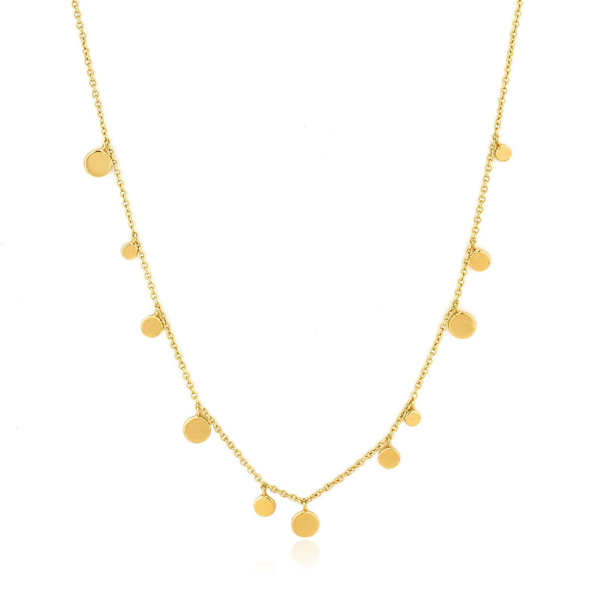 Product Description: Minimal just got a new meaning. This best selling gold chain necklace with small circle detailing is the divine addition to your layering look. Our Gold Geometry Mixed Discs Necklace is also available in silver. Product Details: • Material: 14kt gold plated on sterling silver• Necklace length: 405m Gold Geometry Mixed Discs Necklace– Ania Haie US