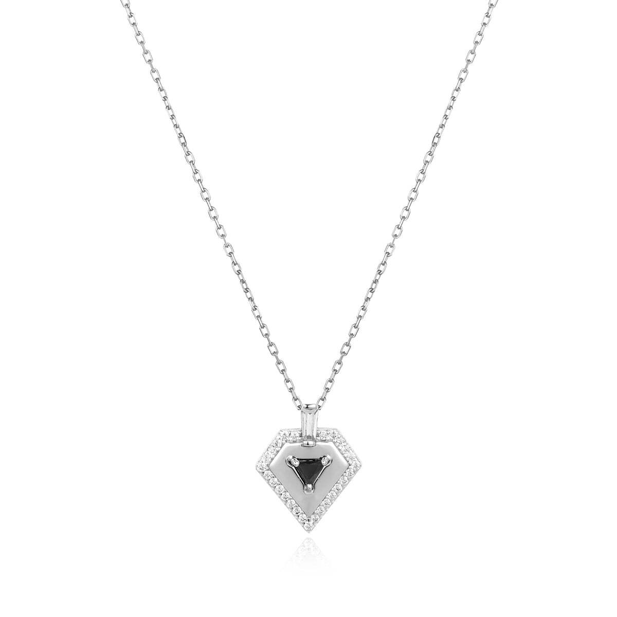 Product Description: Revamp your jewellery wardrobe with our unique necklace. Featuring a diamond shaped pendant, our piece is embellished with cubic zirconia stones with exquisite craftsmanship, statement enough to be worn solo or stacked with other chains. Product Details: • Material: 925 Sterling Silver with Rhodiu Silver Geometric Necklace– Ania Haie US
