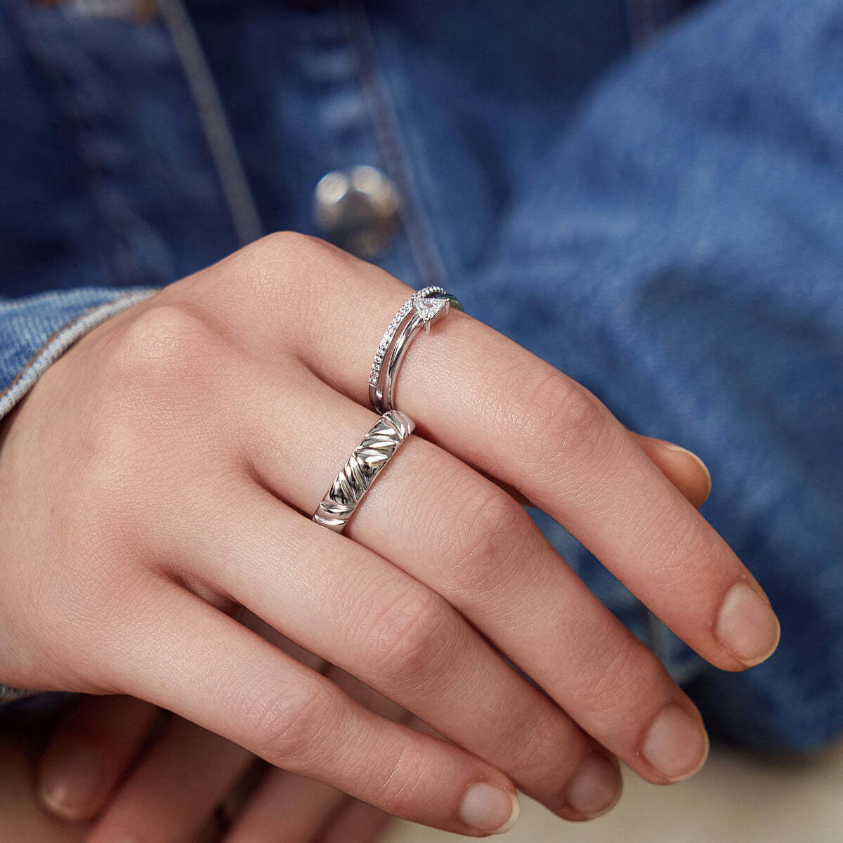 Product Description: Make them look twice with our striking stacker ring. Statement enough to be worn alone or stacked with other rings, you will definitely refresh your daily styles. Product Details: • Material: 925 Sterling Silver with Rhodium Plating with Cubic Zirconia• Sizes: Available in US 7/UK N/EUR 54 to US 8. Silver Double White Triangle Stacker Ring– Ania Haie US