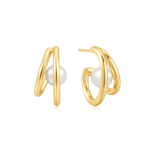 Closeup photo of Gold Duo Freshwater Pearl Stud Hoops– Ania Haie US
