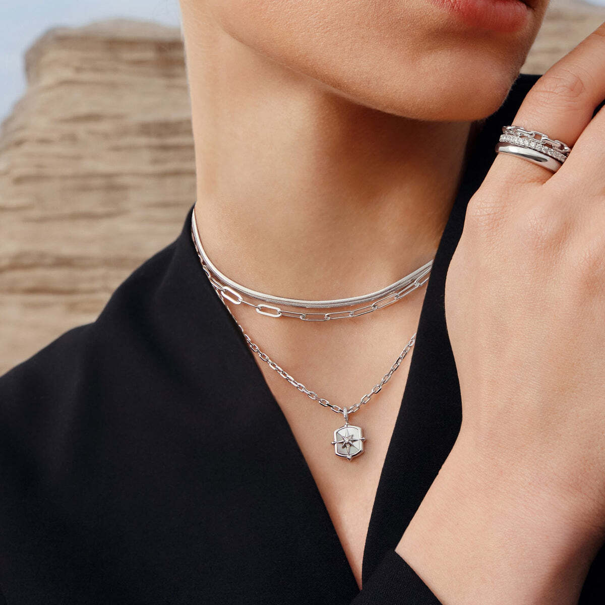 Product Description: Embrace the latest dark aesthetic trend with this edgy necklace. The pendant features an eight-pointed star on a mother-of-pearl base, adding a bold and unique touch. Stack it with other chains to create a look that's uniquely yours and sets the fashion pace. Product Details: ? Material: 925 Sterli Silver Colour-Block Mother of Pearl Star Necklace– Ania Haie US