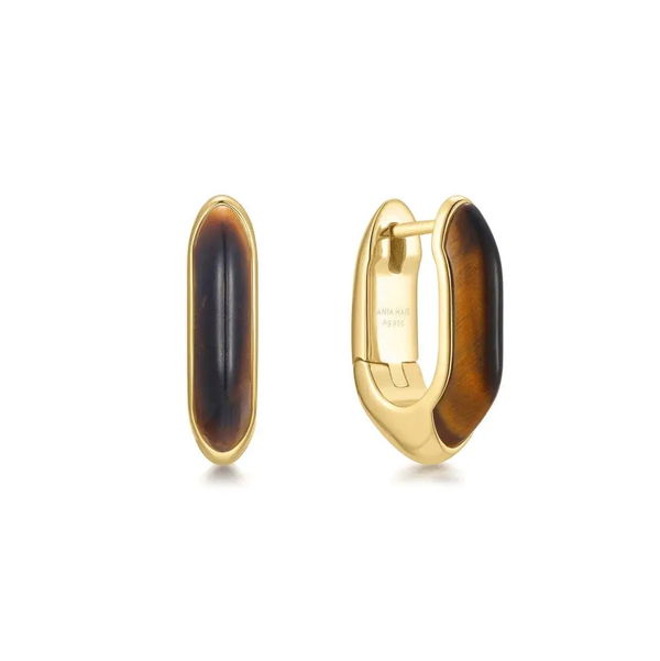 Closeup photo of Gold Tiger Eye Huggie Hoop Earrings