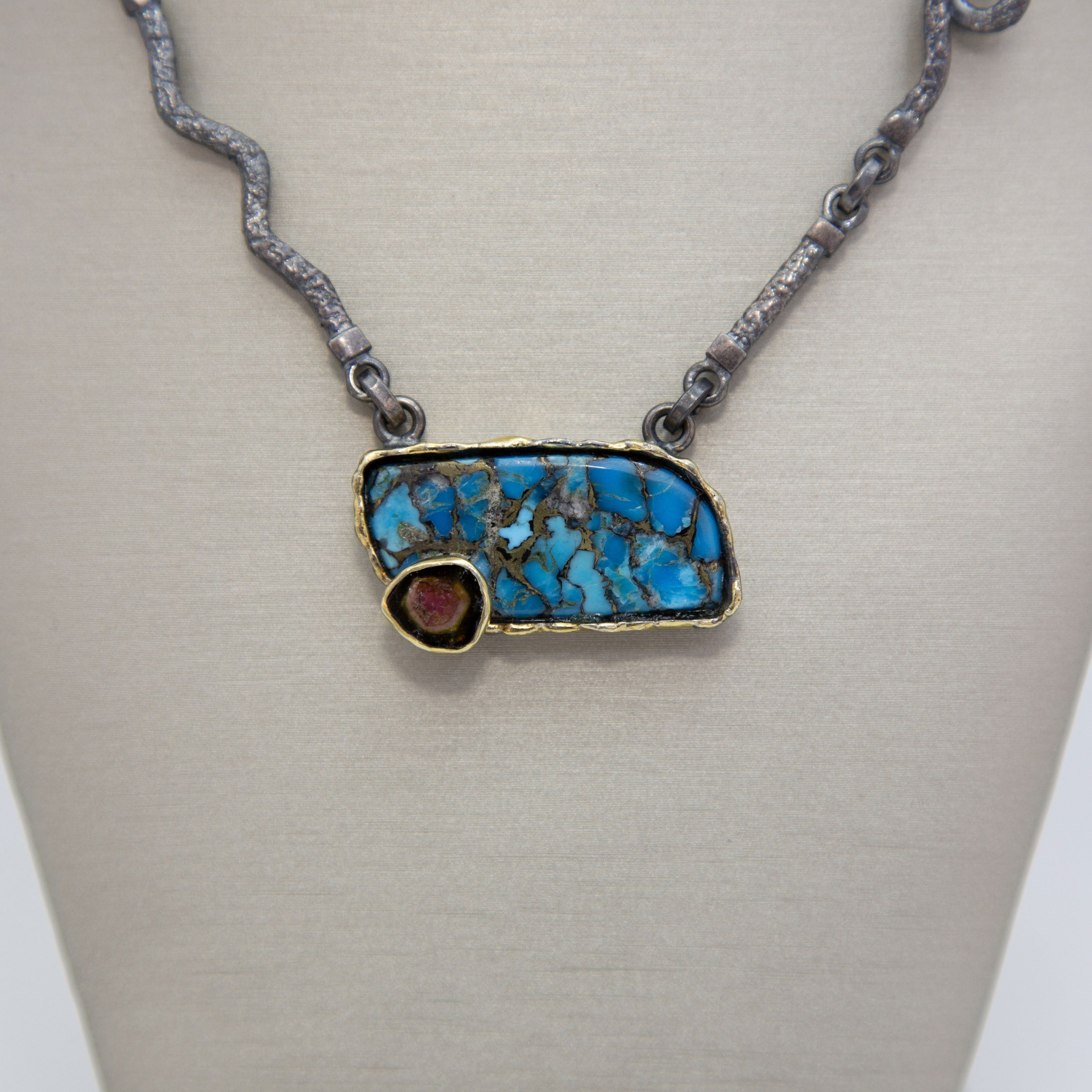 “Unity of Existence” Turquoise and Watermelon Tourmaline 18k and Sterling Hittie Style Chain