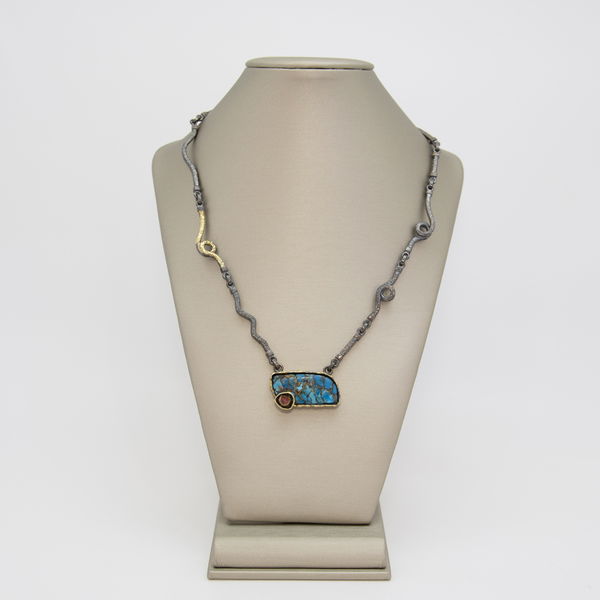 Closeup photo of “Unity of Existence” Turquoise and Watermelon Tourmaline 18k and Sterling Hittie Style Chain