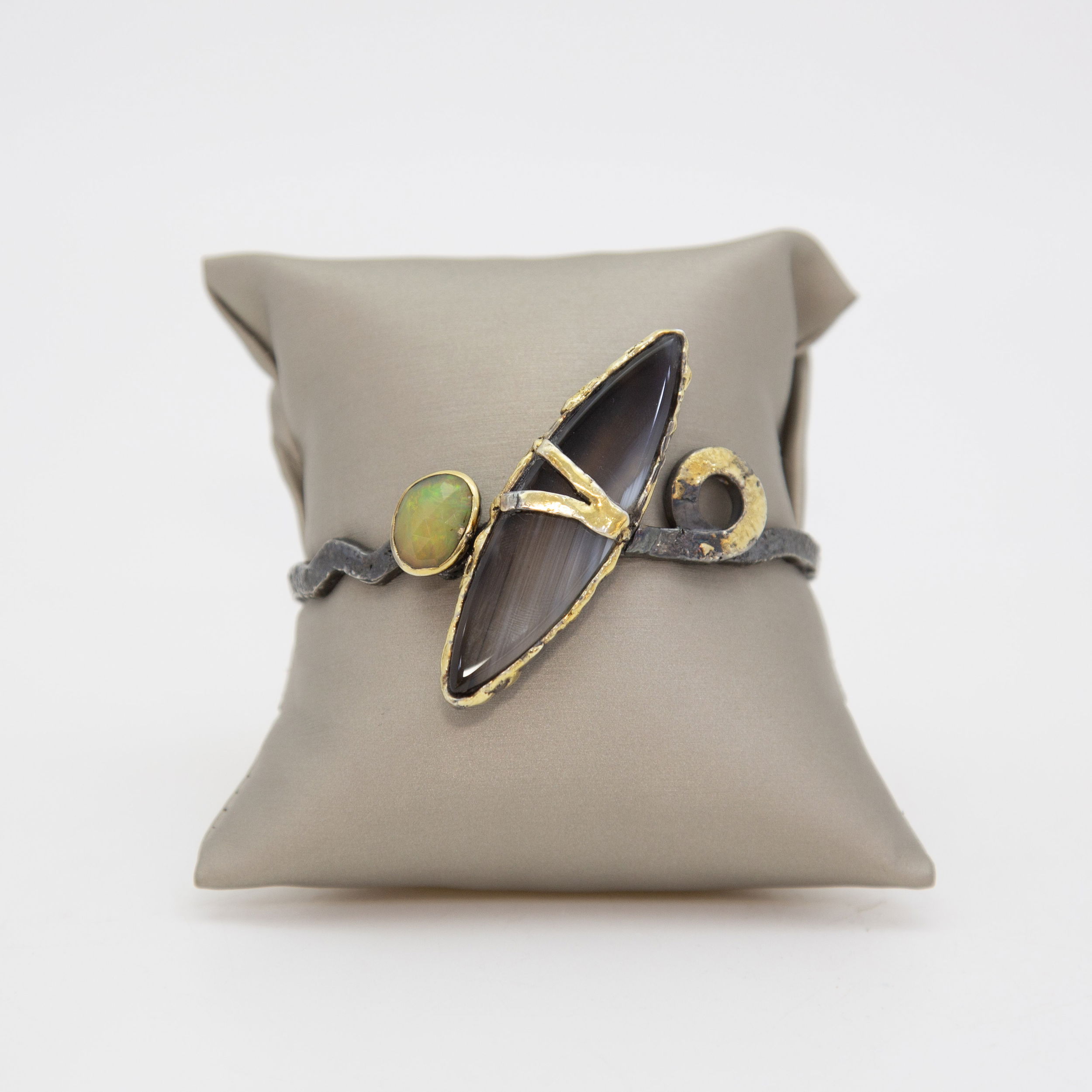 “Unity of Existence” Agate and Opal 18k and Sterling Cuff Bracelet