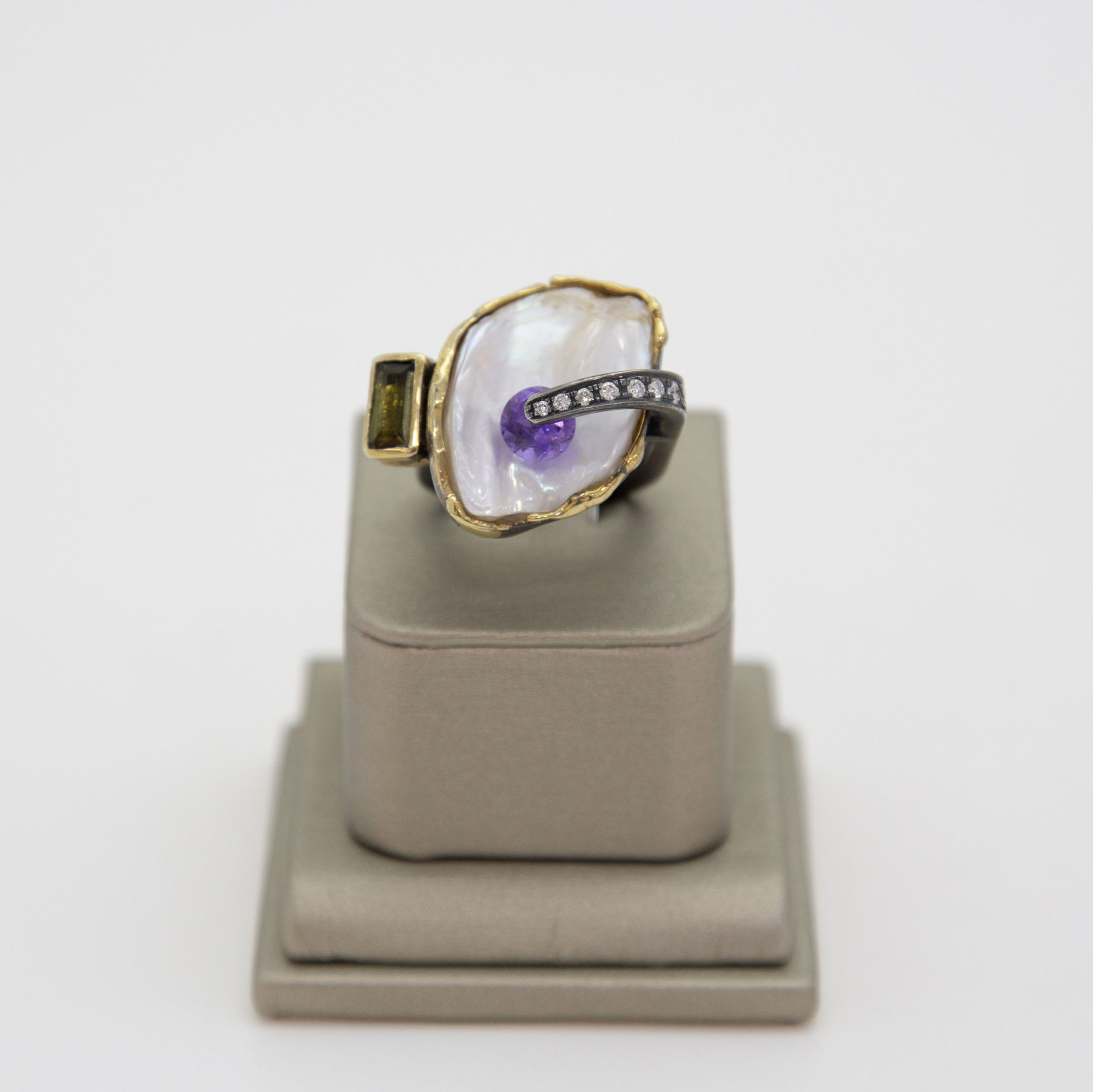 “Gold Lava” Keshi Pearl, Amethyst and Diamond 18k and Sterling Ring