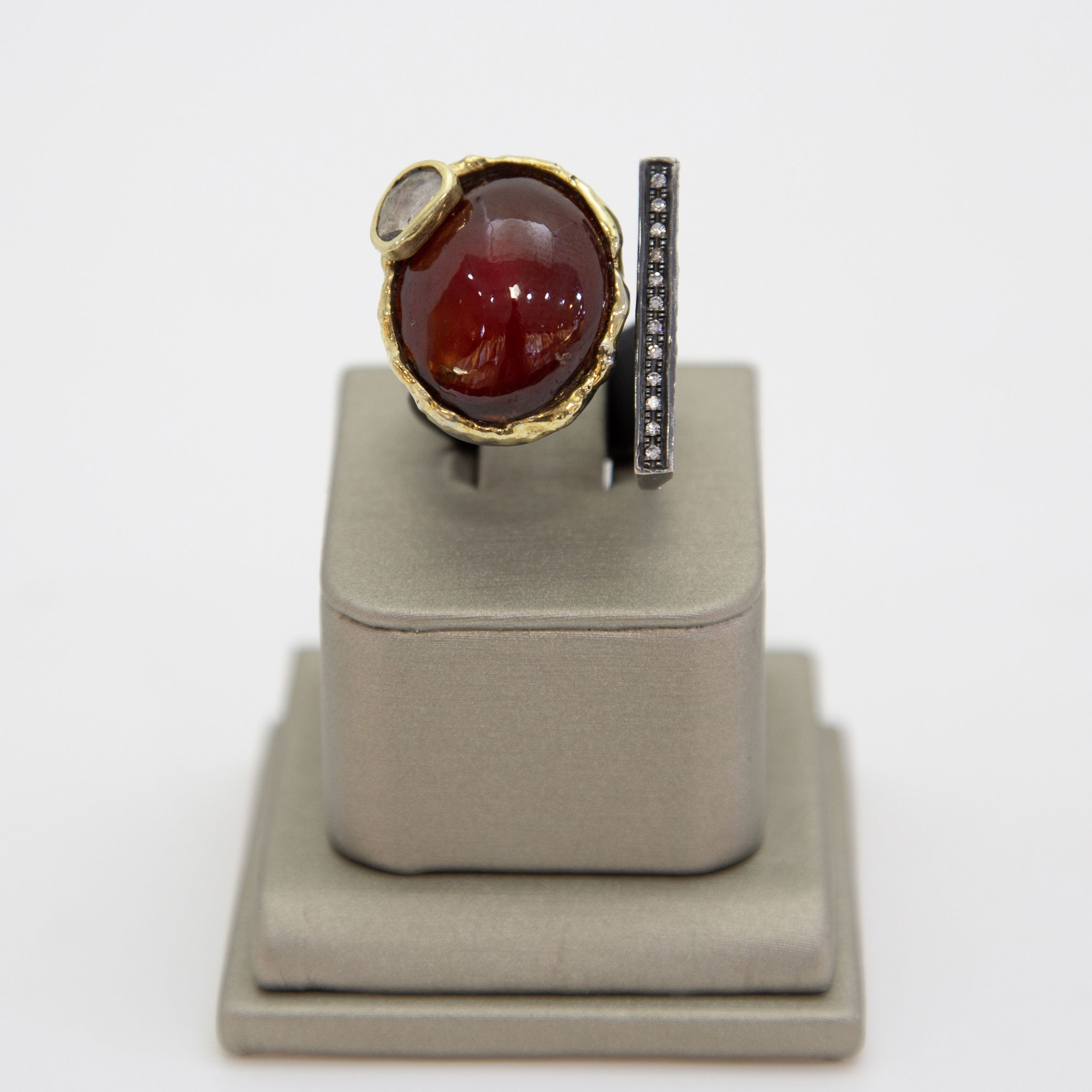 “Gold Lava” Hessonite Garnet, Quartz and Diamond 18k and Sterling Ring