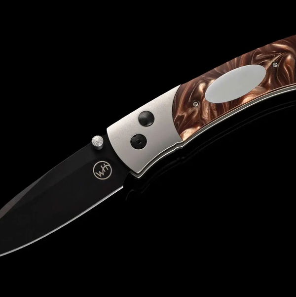 Closeup photo of Titanium pocketknife with compressed brown acrylic resin and stainless blade