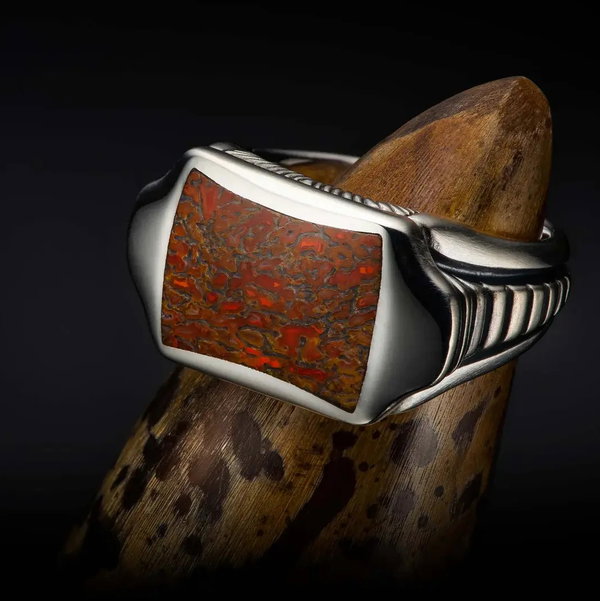 Closeup photo of Sleek Dinosaur Bone Inlay Ring