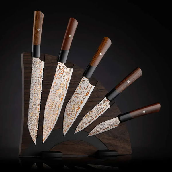 Closeup photo of Kultro Flare Chef Knives - Kitchen knife set with 'rainbow' damascus blades and choice of hardwood rack