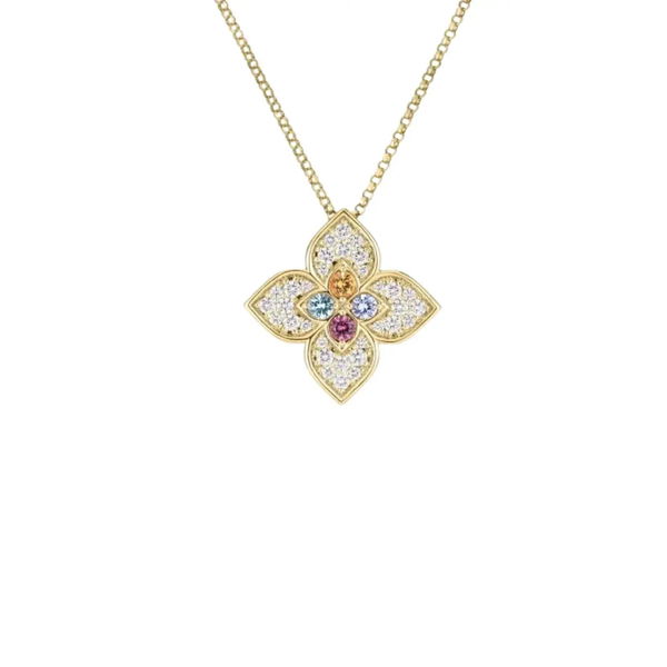Closeup photo of 18kt Yellow Gold Venetian Princess Carnival Diamond Multicolor Flower Necklace