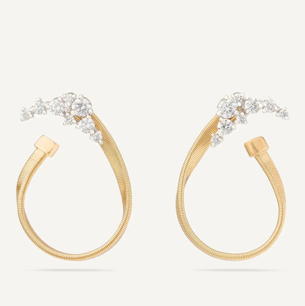Closeup photo of 18K Yellow Gold Open Hoop Thin Earrings with Diamond Clusters .55CT