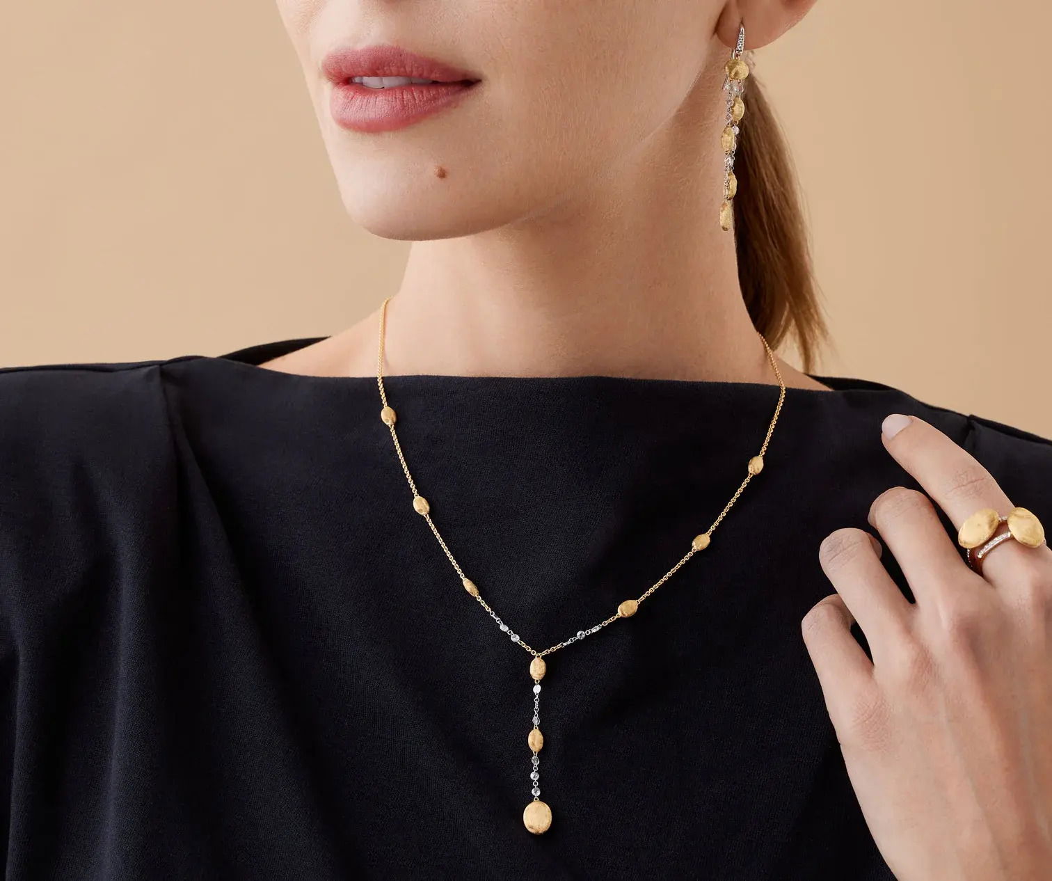 18K Yellow Gold Beaded Lariat Necklace with Diamonds .57CT