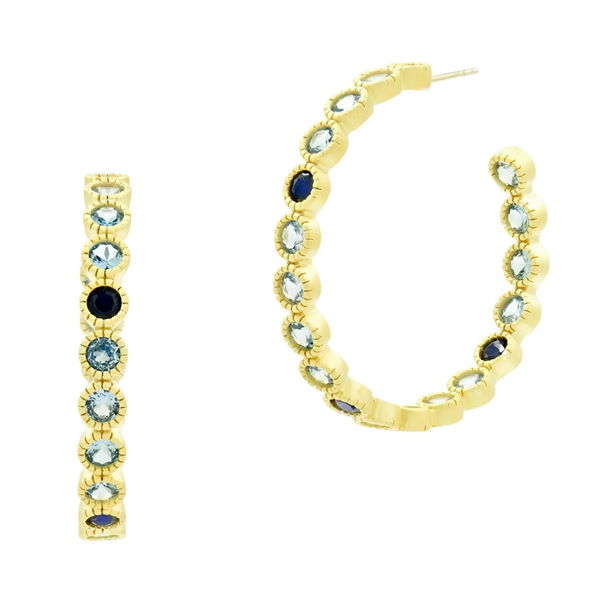 Closeup photo of Imperial Blue Bezel Set Hoop Earrings