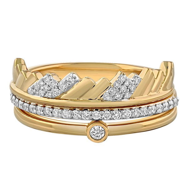 Closeup photo of Diamond Peak™ 14K Yellow Gold Ring 3 Pieces Textured Mountains with Bezel Set Center Diamond 0.24 Ctw