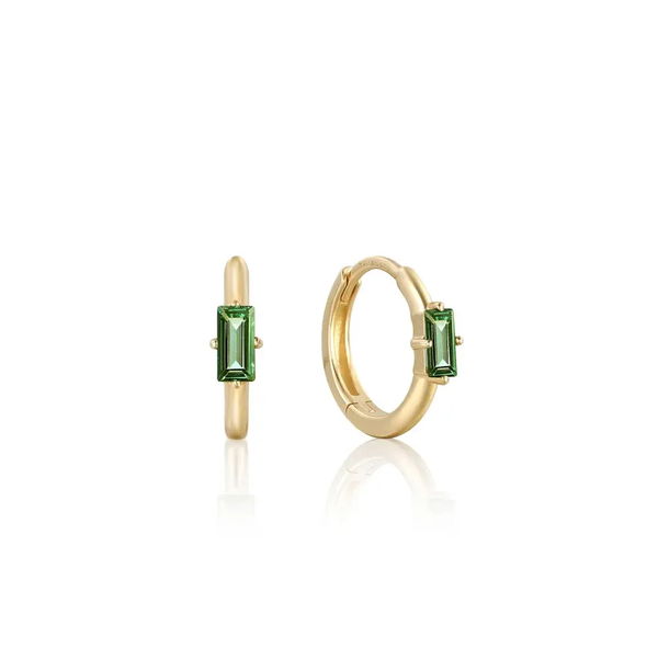 Closeup photo of 14K Gold Tourmaline Emblem Huggie Hoop Earrings