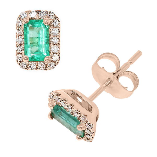 Closeup photo of 14k Rose Gold .14ct Diamond and .47ct Emerald Studs