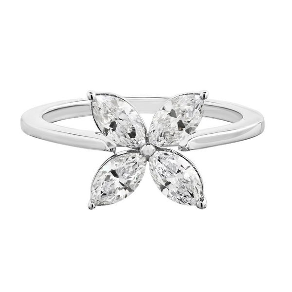 Closeup photo of 14K White Gold Diamond Marquise Diamond Flower Plain Shank Ring 0.25 Ctw