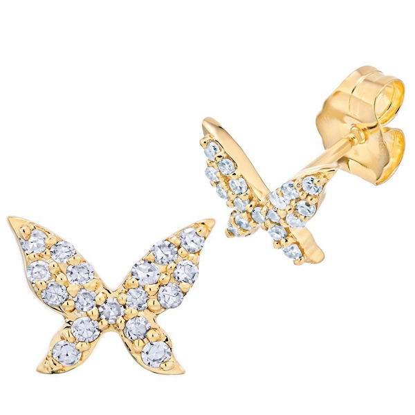 Closeup photo of 10K Yellow Gold Pave Butterfly Studs Earrings Diamond 0.15 Ctw