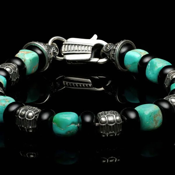 Closeup photo of Shadowline - Beaded bracelet with Kingman turquoise, black onyx, and silver beads