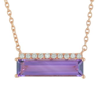 Closeup photo of 14K Rose Gold Elongated Elegance East West Set 1.83ct Amethyst with .10ct Diamond Accent Necklace