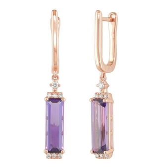 Closeup photo of 14K Rose Gold Elongated Elegance North South Set 2.54ct Amethyst with .10ct Diamond Accent Dangle Earrings