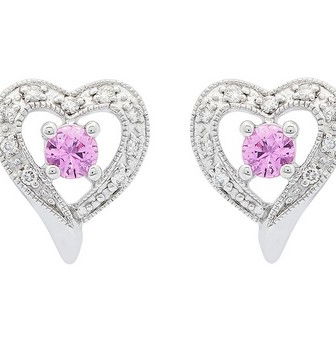 Closeup photo of 14K White Gold .25ct Pink Sapphire with .09ct Diamond Heart Halo Earring