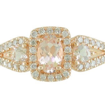 Closeup photo of 14K Rose Gold .64ct Morganite & .33ct Diamond Three Stone Ring