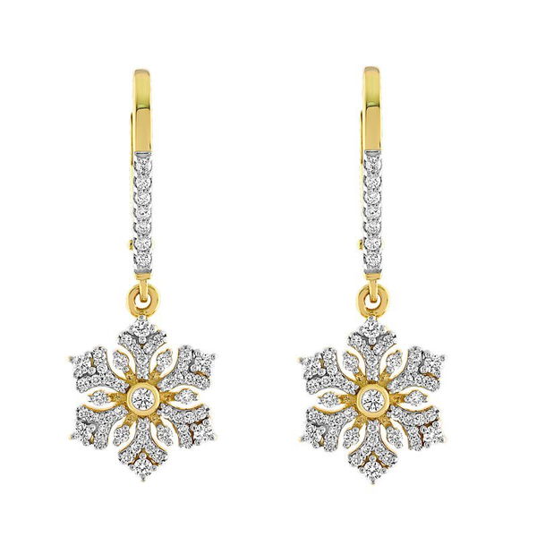 Closeup photo of 14k Yellow Gold Pave & Prong Set Snowflake Drops on Lever-Backs Earrings Diamond 0.34 Ctw