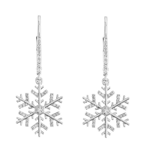 Closeup photo of 14k White Gold Snowflake Drops with Lever Backs Earrings Diamond 0.25 Ctw