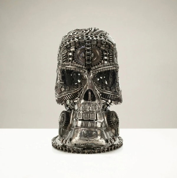 Closeup photo of 13" Skull Head Recycled Metal Art Sculpture