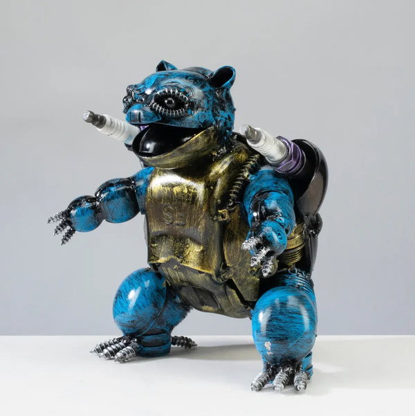 Closeup photo of Blastoise Pokemon Inspired Recycled Metal Sculpture