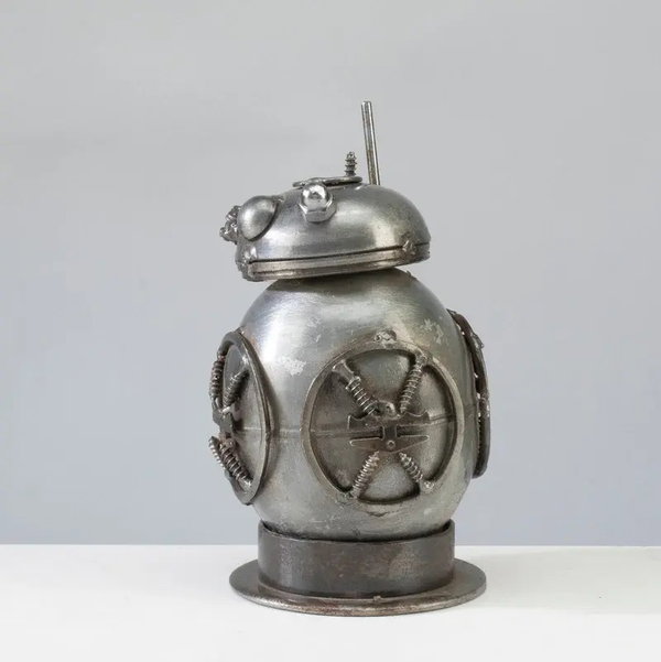 Closeup photo of BB8 Star Wars Inspired Recycled Metal Sculpture