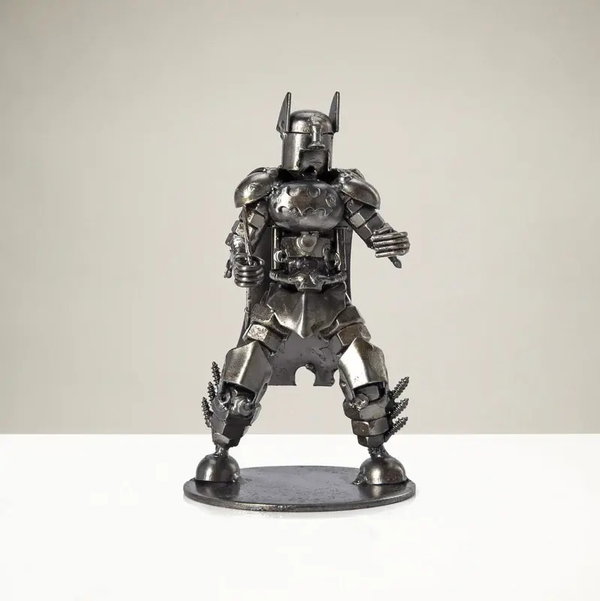 Closeup photo of Small Batman with Batarang Inspired Recycled Metal Sculpture
