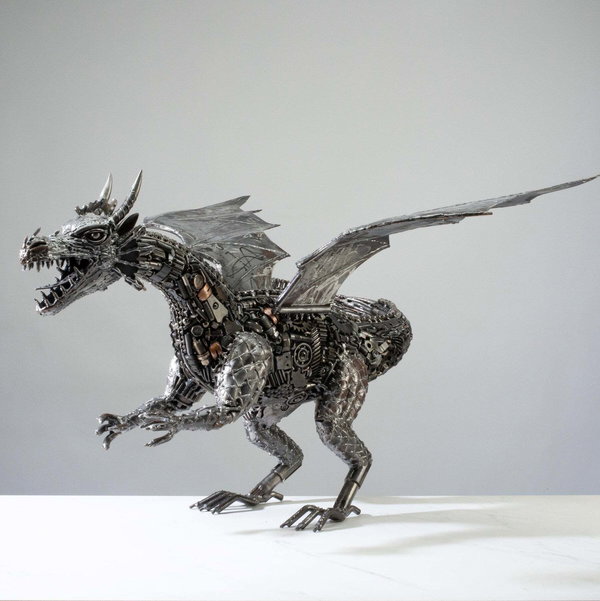 Closeup photo of 30" Dragon Recycled Metal Art Sculpture