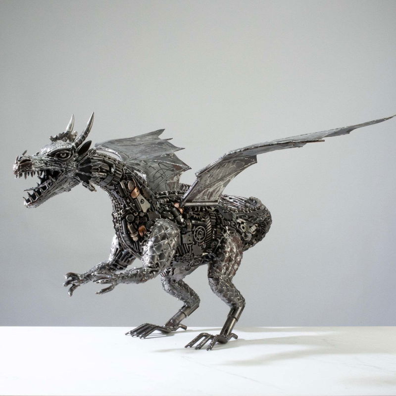 A recycled metal dragon sculpture