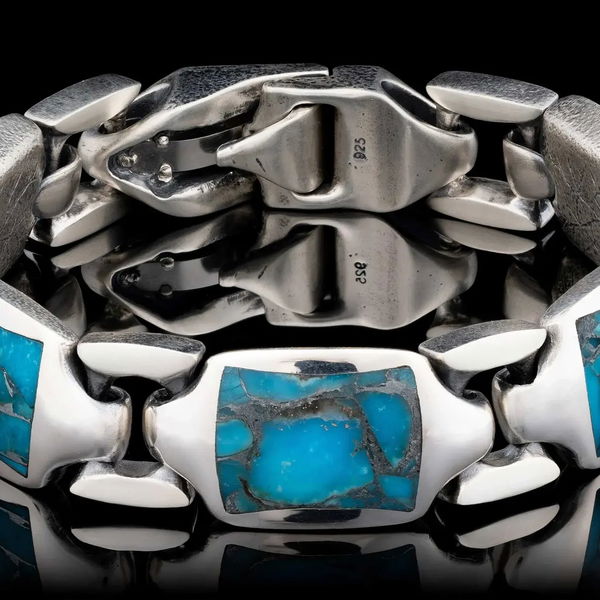 Closeup photo of Turquoise Retro - Sterling Silver Bracelet inlaid with zinc-matrix Kingman turquoise