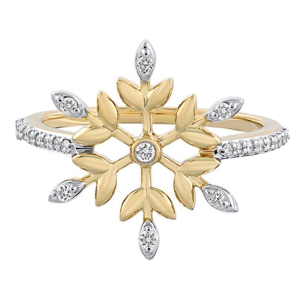 Closeup photo of 14K Yellow Gold 6 Spokes with Leaves Bezel Center Diamond Ring 0.17 Ctw