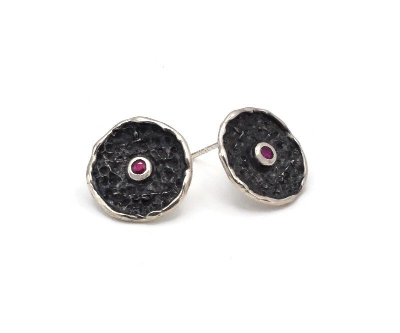 Natural Ruby in Planetary Setting - Textured and Oxidized Circle Post Earrings
