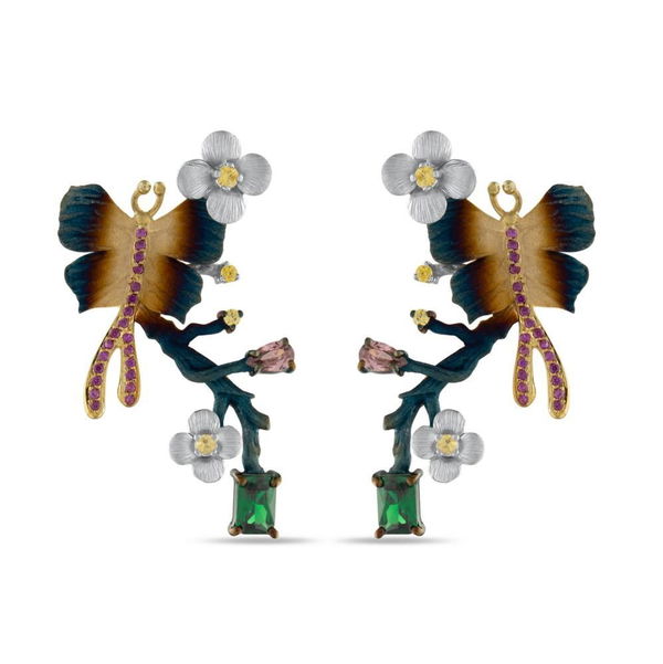 Closeup photo of 925 Global Warming Butterfly and Branch with Flowers Post Earrings with 2.6CT