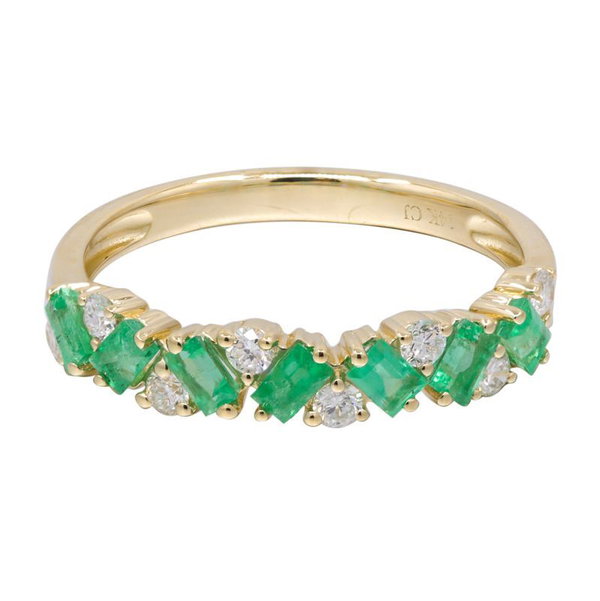 Closeup photo of 14k Yellow Gold .79ct Emerald with .55ct Diamond Ring