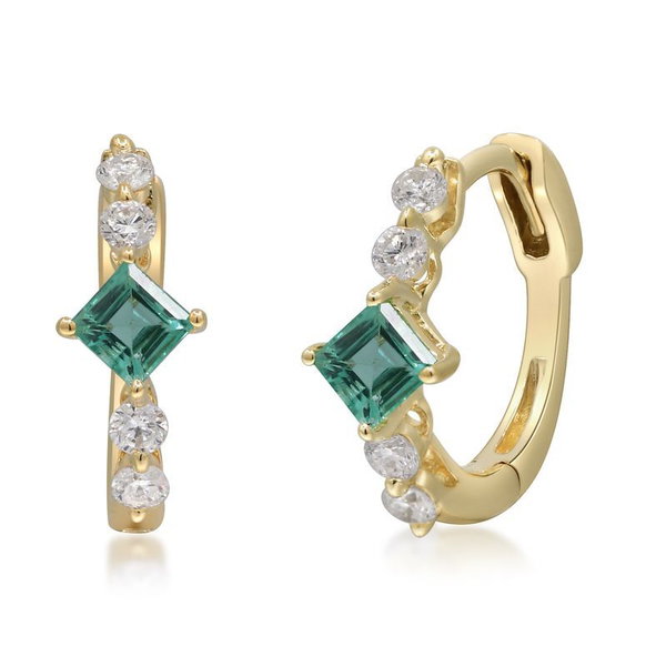 Closeup photo of 14k Yellow Gold .32ct Emerald with .21ct Diamond Hoops