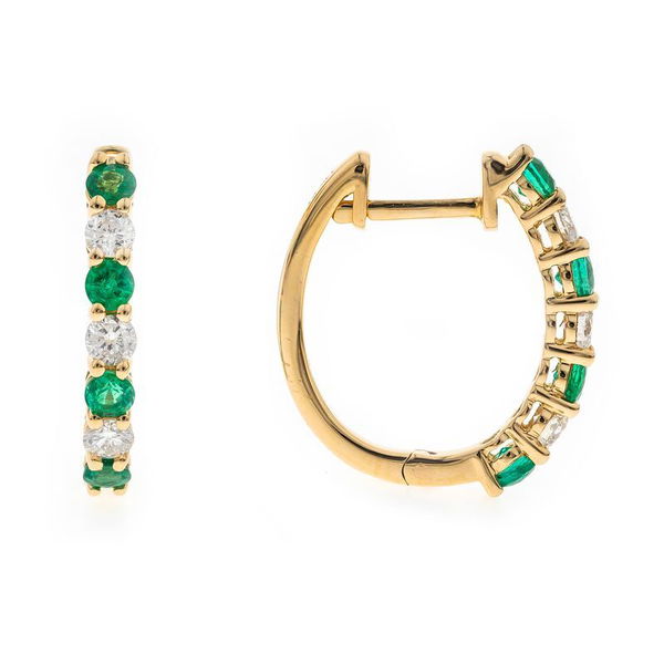 Closeup photo of 14KY .59CT EMERALD WITH .37CT DIA HOOPS